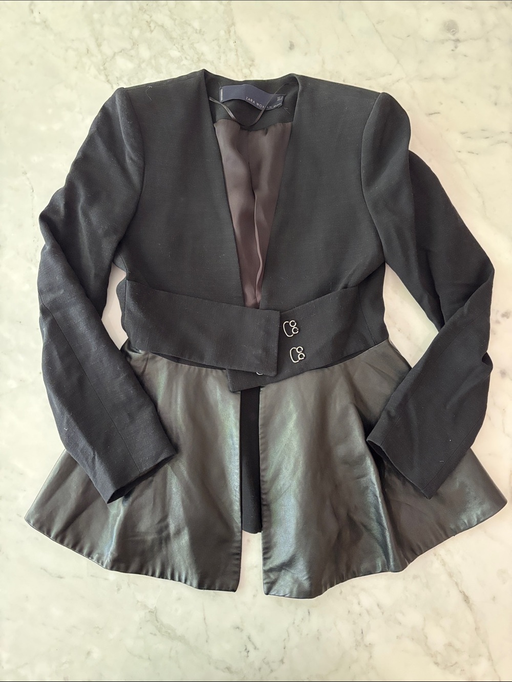 Zara Black Peplum Blazer with Faux Leather Skirt Panel - Size Small
